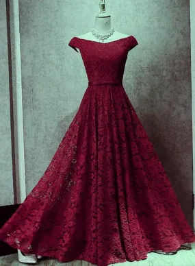 Dark Red Lace Off Shoulder Bridesmaid Dress, Long Prom Dress