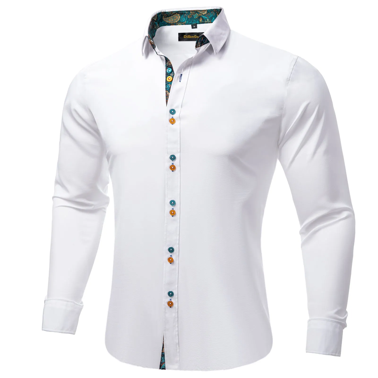 DiBanGu Men's Long Sleeve Shirt White Plain Button Down Dress Shirt