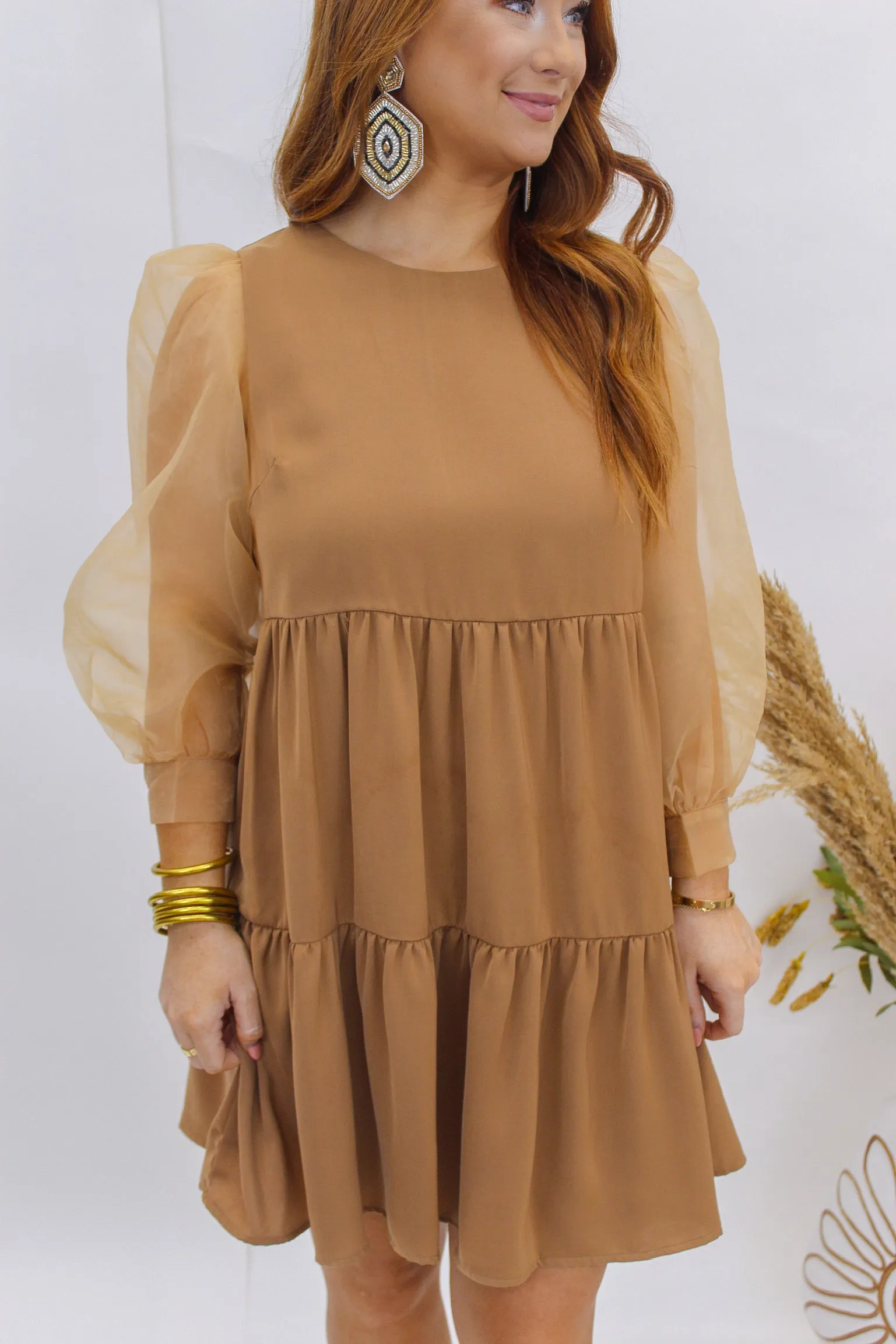 Divine Diva Chiffon Sleeve Dress- Tan