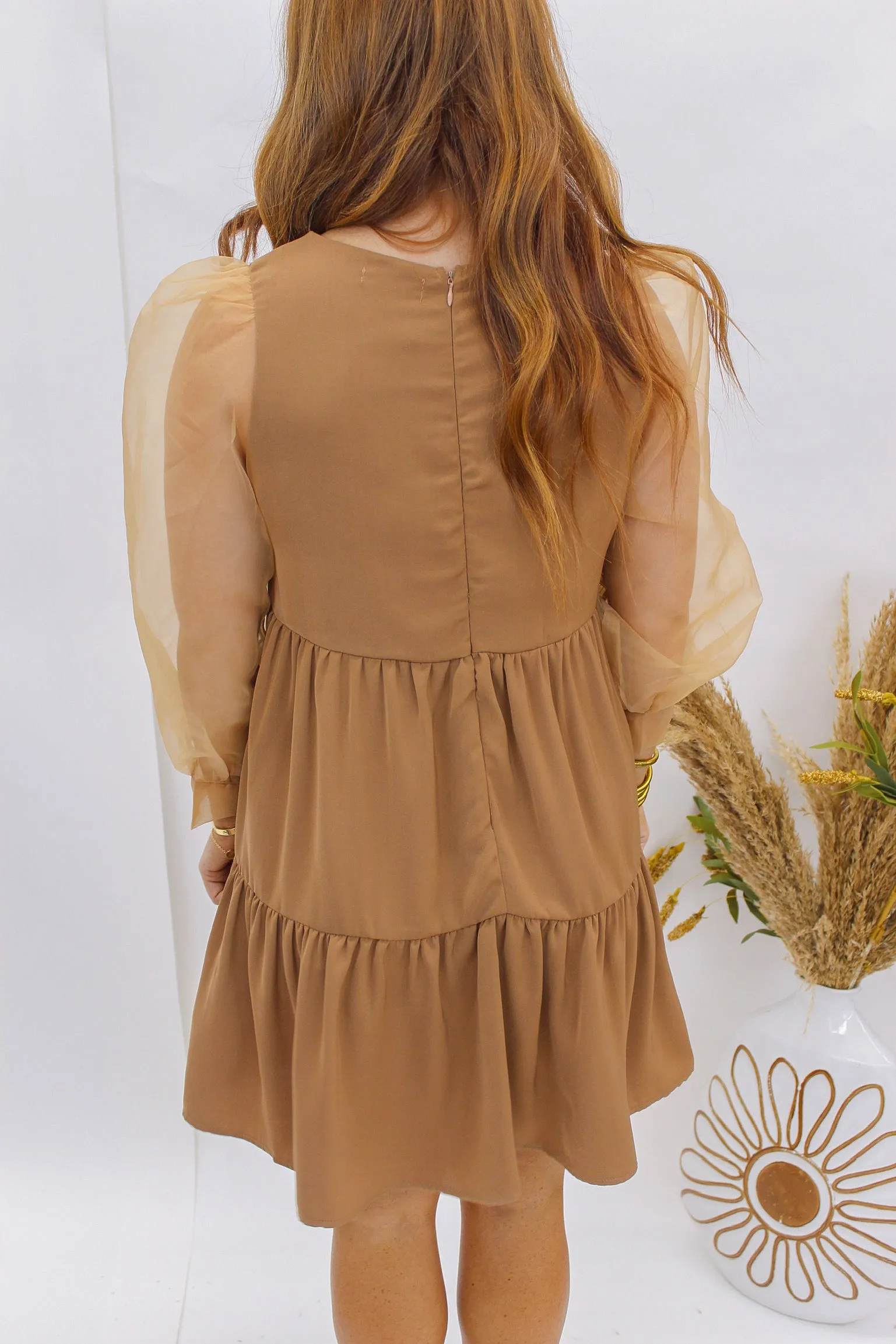 Divine Diva Chiffon Sleeve Dress- Tan