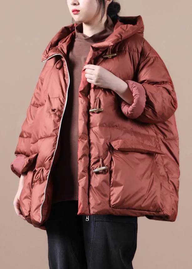 Elegant red warm winter coat Loose fitting womens parka hooded pockets Warm overcoat