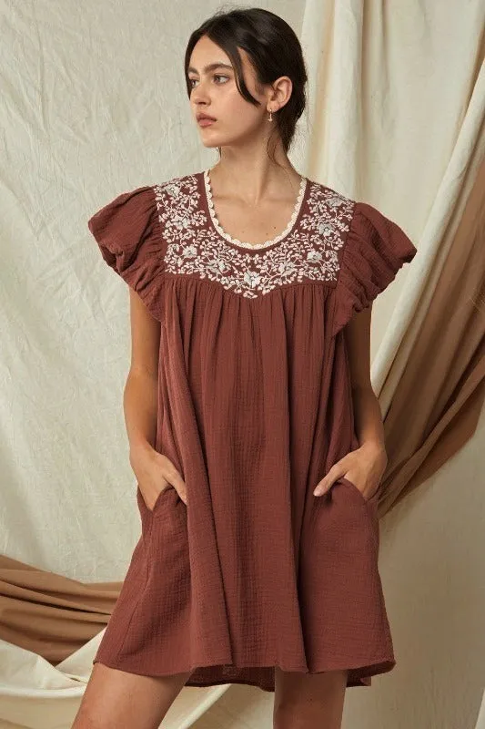 Entro Embroidered Babydoll Dress - Chocolate