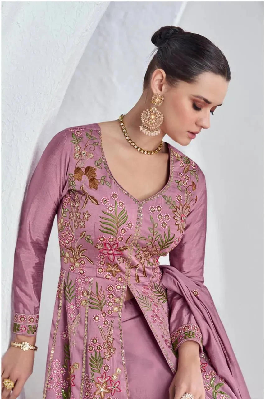 Ethnic Designer  Mauve Viscos Silk Embroidered Gown With Skirt