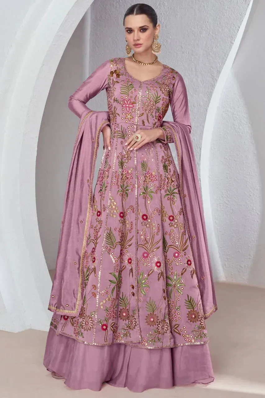 Ethnic Designer  Mauve Viscos Silk Embroidered Gown With Skirt