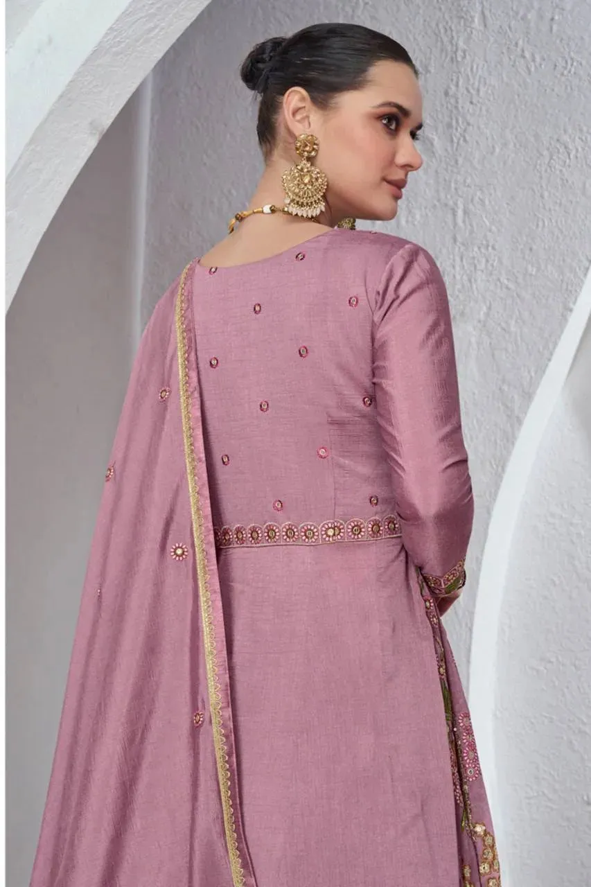 Ethnic Designer  Mauve Viscos Silk Embroidered Gown With Skirt