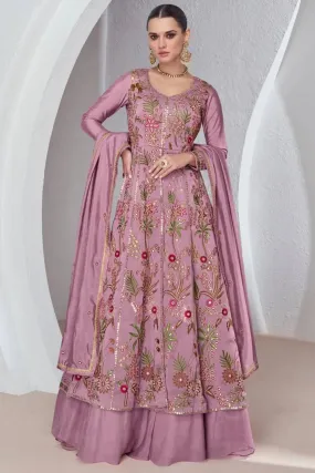 Ethnic Designer  Mauve Viscos Silk Embroidered Gown With Skirt