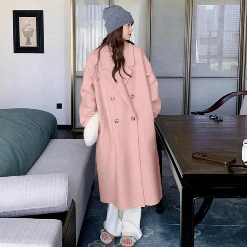 Fashion Elegant Woolen Long Coat Women Turn Down Collar Long Sleeve Female Jacket 2025 Autumn Winter Fashion New Lady Streetwear