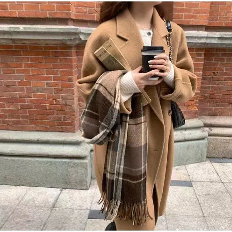 Fashion Elegant Woolen Long Coat Women Turn Down Collar Long Sleeve Female Jacket 2025 Autumn Winter Fashion New Lady Streetwear