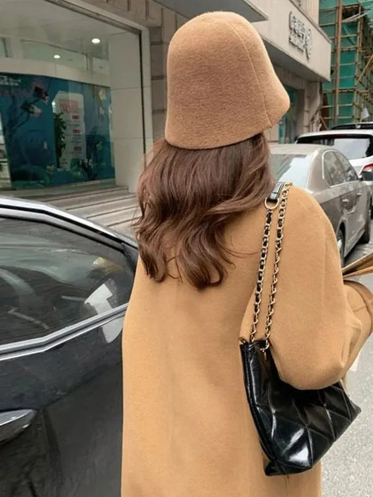 Fashion Elegant Woolen Long Coat Women Turn Down Collar Long Sleeve Female Jacket 2025 Autumn Winter Fashion New Lady Streetwear