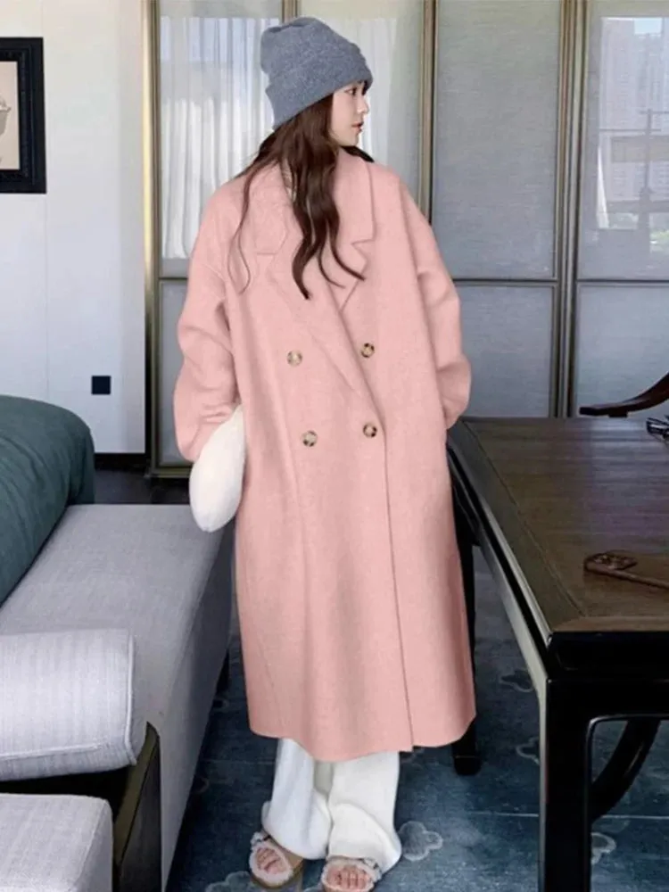 Fashion Elegant Woolen Long Coat Women Turn Down Collar Long Sleeve Female Jacket 2025 Autumn Winter Fashion New Lady Streetwear