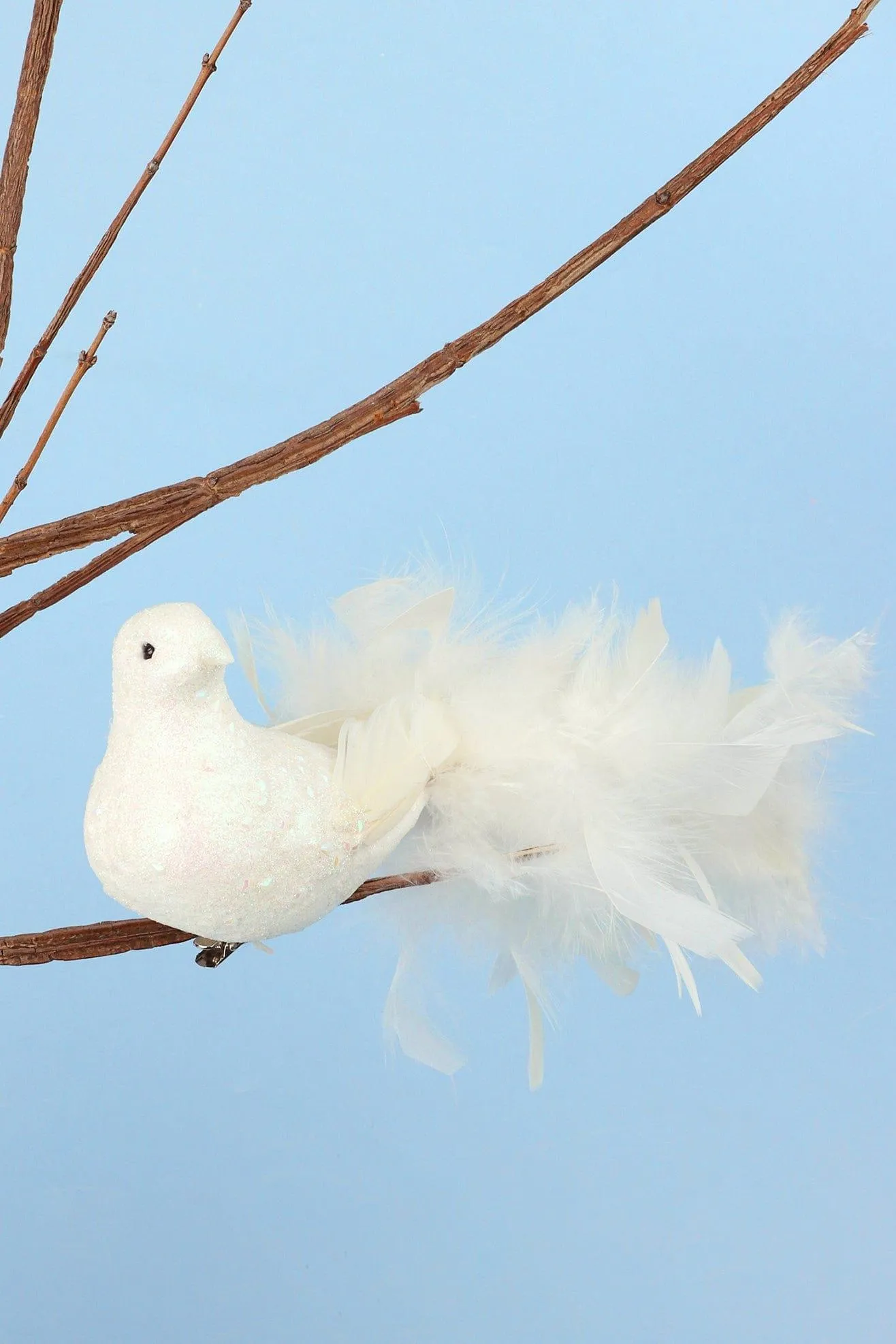 Festive Glittery Feathery White Bird Life Size Christmas Tree Clip On