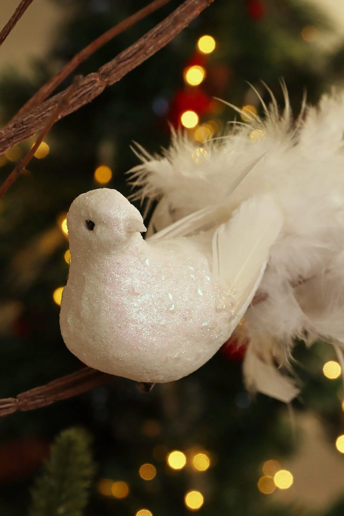 Festive Glittery Feathery White Bird Life Size Christmas Tree Clip On