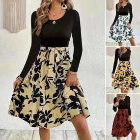 Floral Print Long Sleeve Skirt Dress Fashion Round Neck Flared Dress for Women