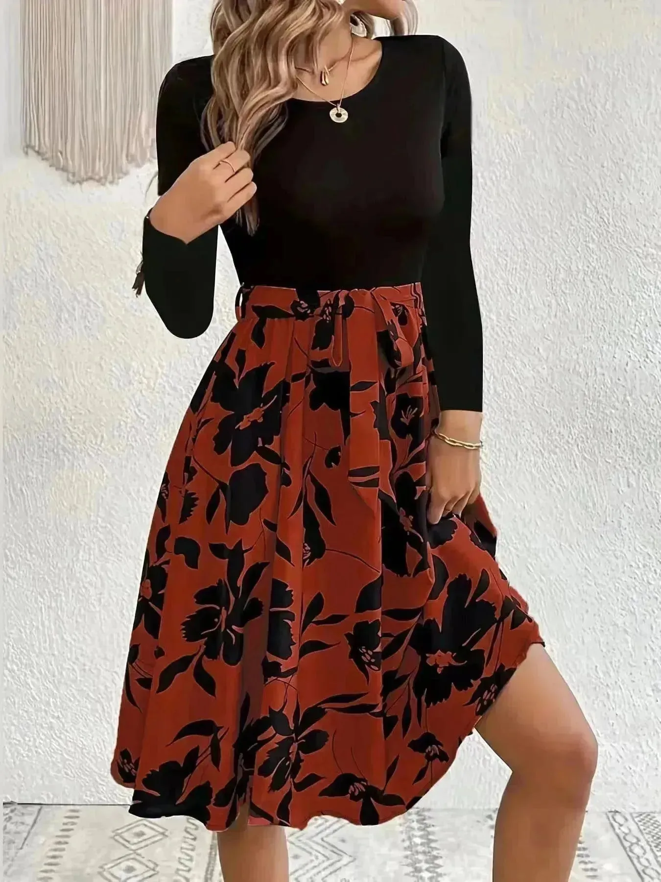 Floral Print Long Sleeve Skirt Dress Fashion Round Neck Flared Dress for Women