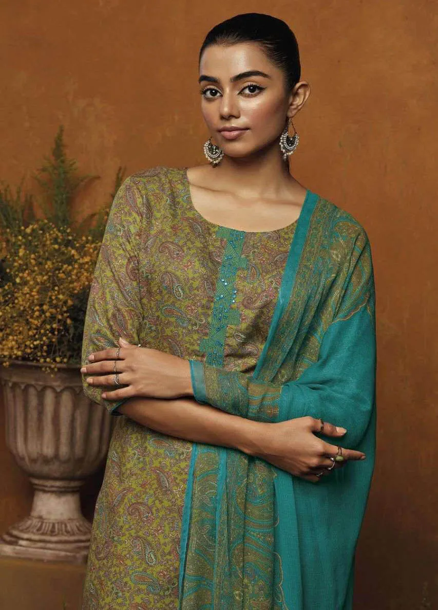 Ganga Green Winter Woolen Pashmina Salwar Suit Material for Women