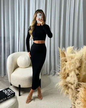 Gemma Cable Knit Skirt & Crop Jumper Set - Black