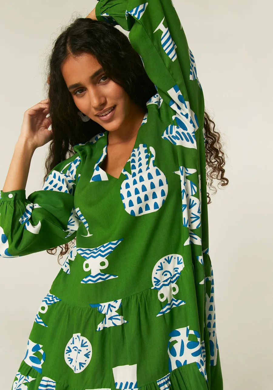 Geometric green ceramic pot print mini smock dress with long sleeves by Compania Fantastica