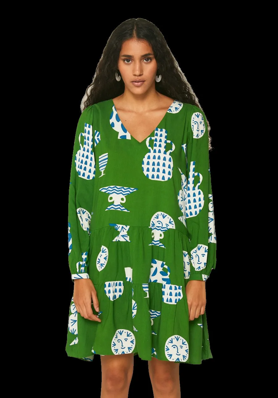 Geometric green ceramic pot print mini smock dress with long sleeves by Compania Fantastica