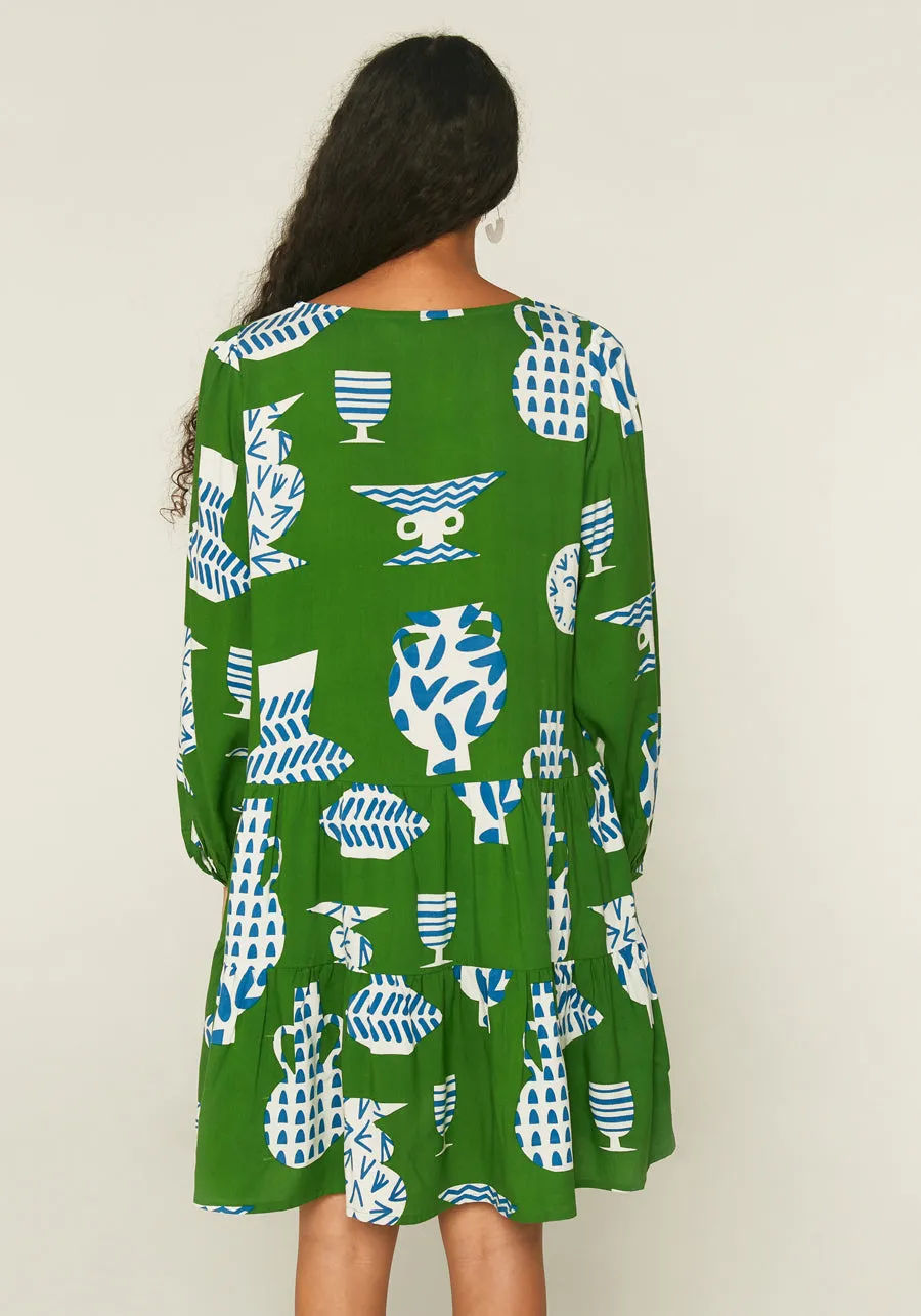 Geometric green ceramic pot print mini smock dress with long sleeves by Compania Fantastica