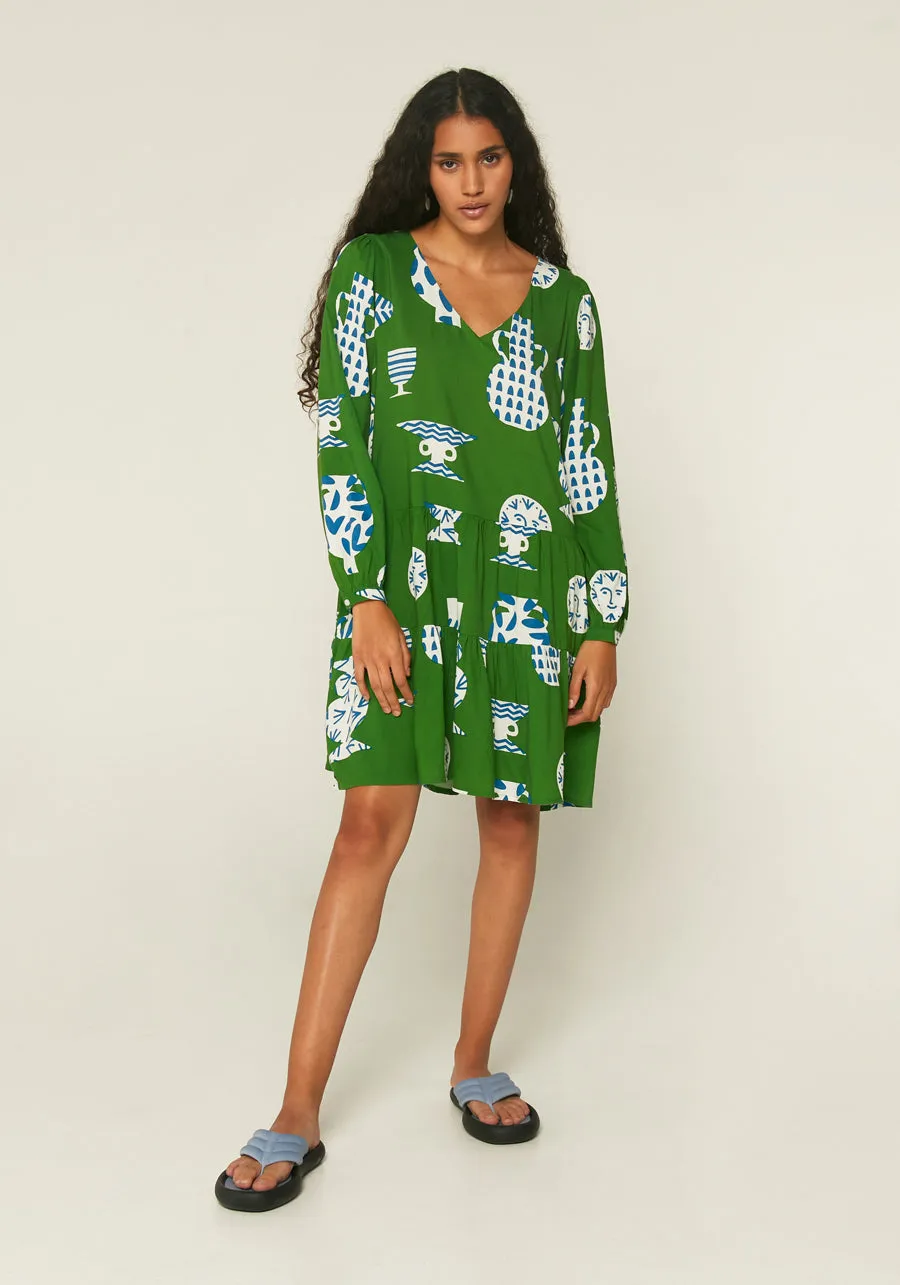 Geometric green ceramic pot print mini smock dress with long sleeves by Compania Fantastica