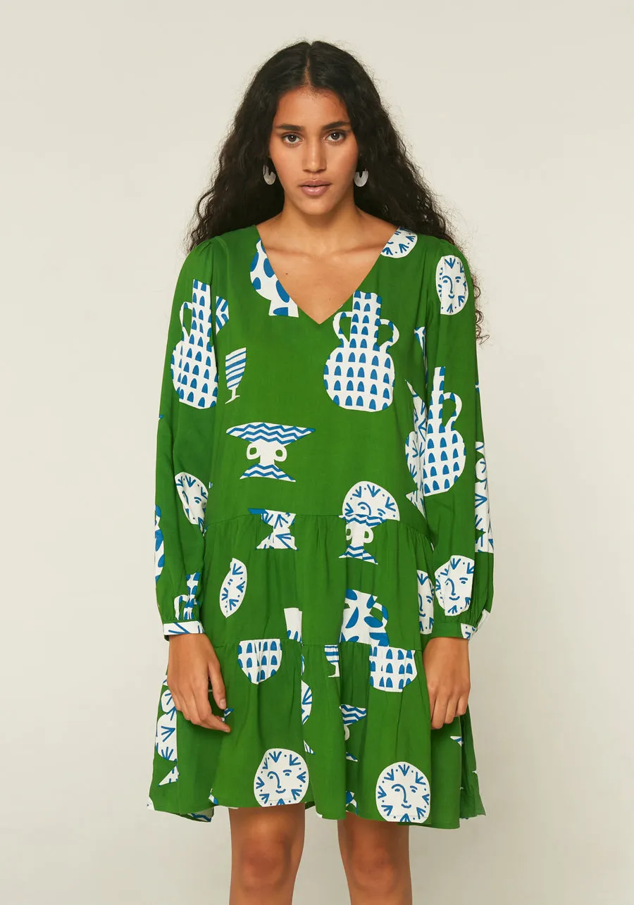 Geometric green ceramic pot print mini smock dress with long sleeves by Compania Fantastica