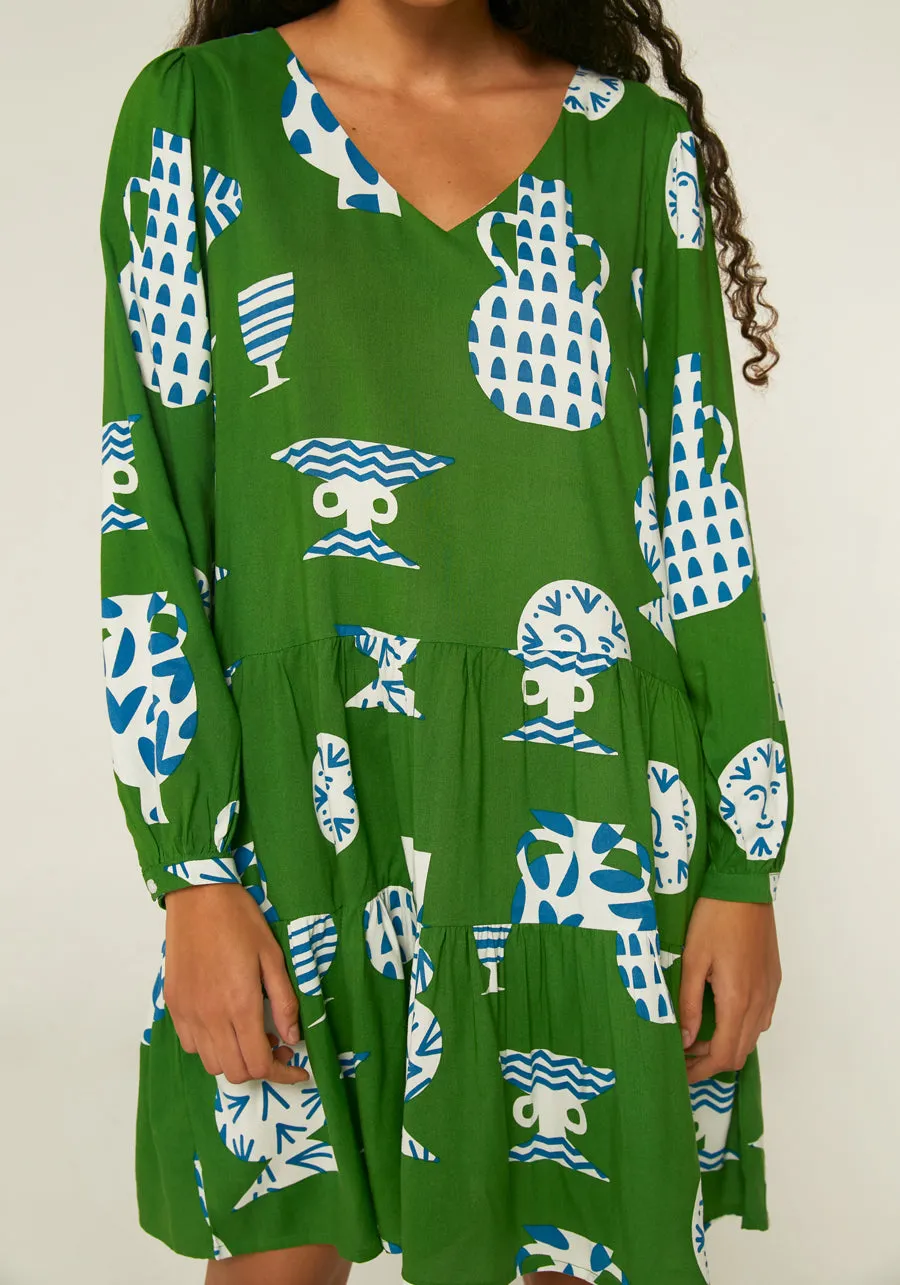 Geometric green ceramic pot print mini smock dress with long sleeves by Compania Fantastica