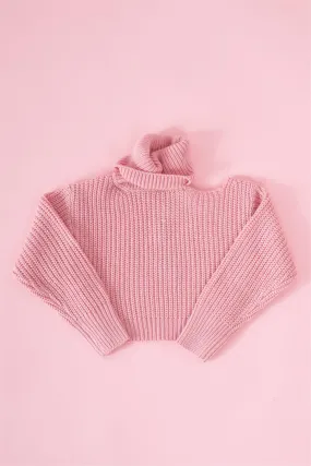 Girls Blush Pink Ribbed Knit Cut-Out Shoulder Detail Long Balloon-Y Sleeve Turtleneck Sweater /1-2-2-1-1