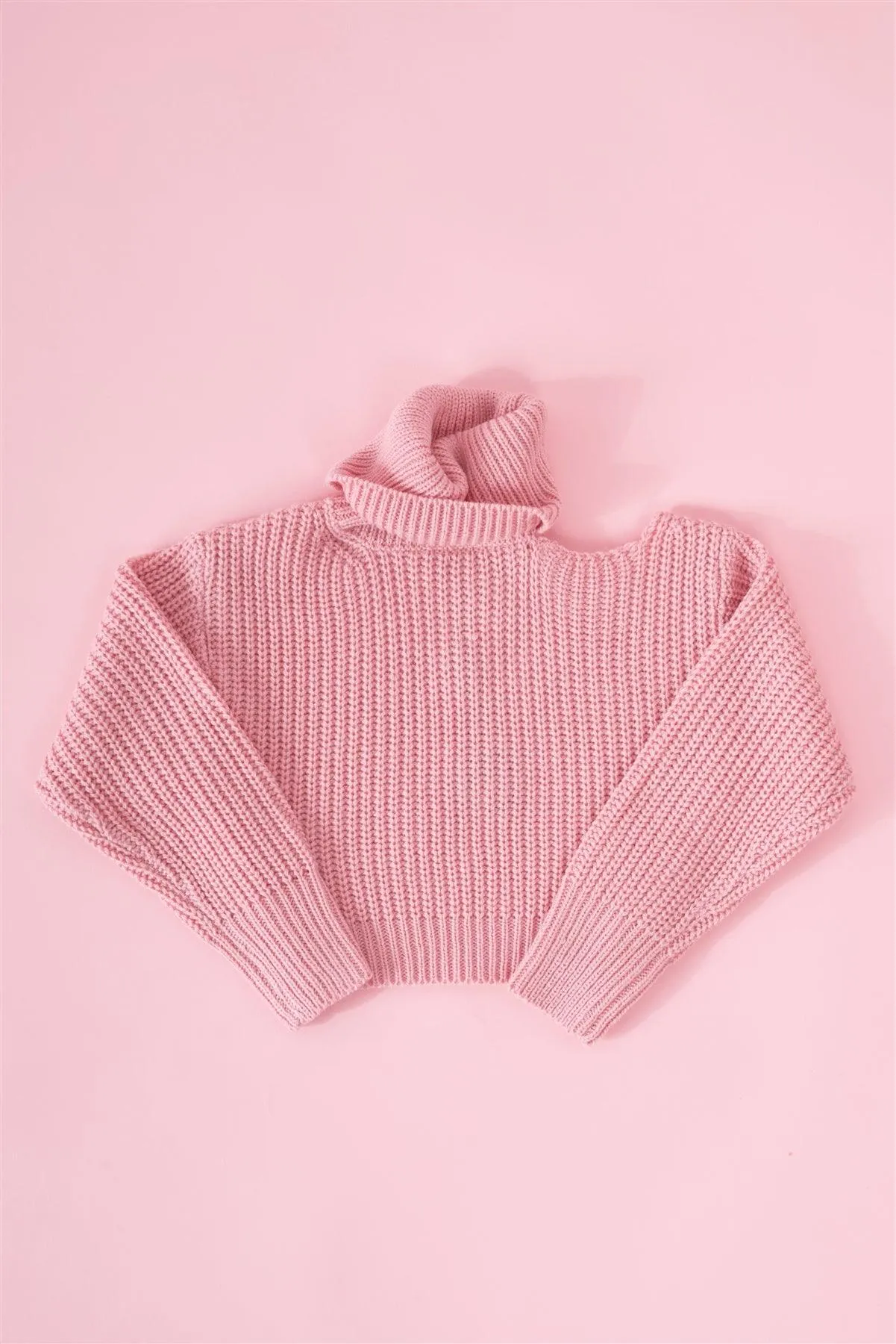 Girls Blush Pink Ribbed Knit Cut-Out Shoulder Detail Long Balloon-Y Sleeve Turtleneck Sweater /1-2-2-1-1