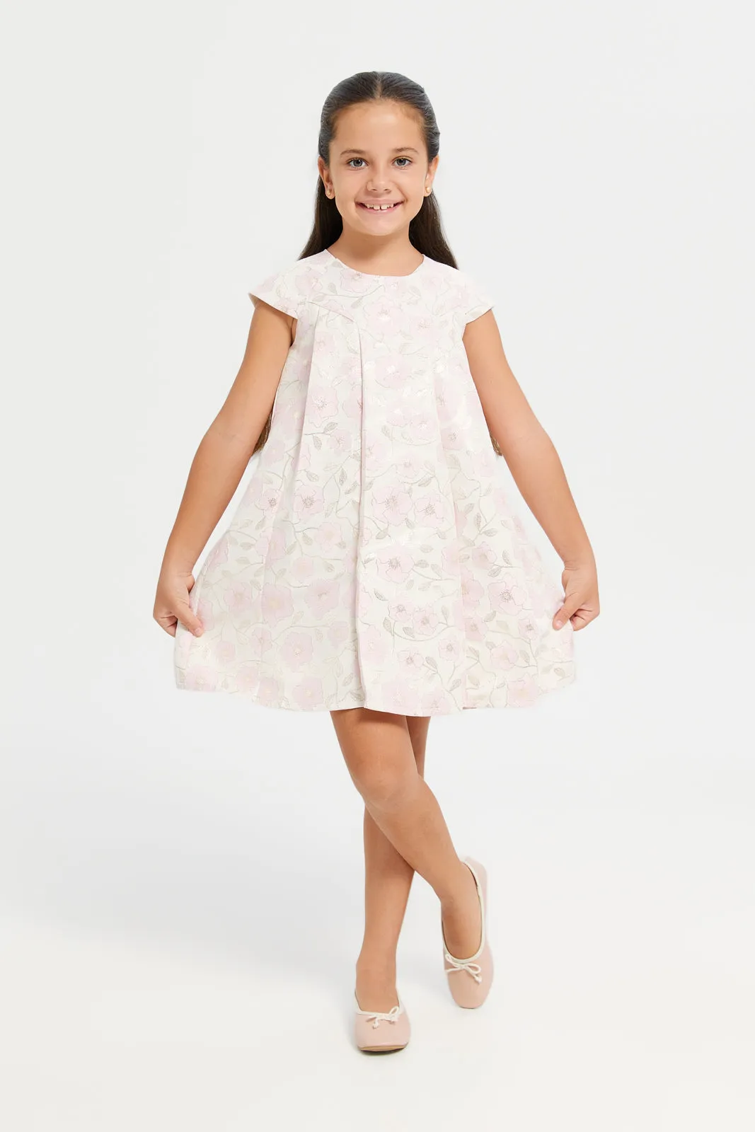 Girls Gold Floral Jacquard A Line Dress