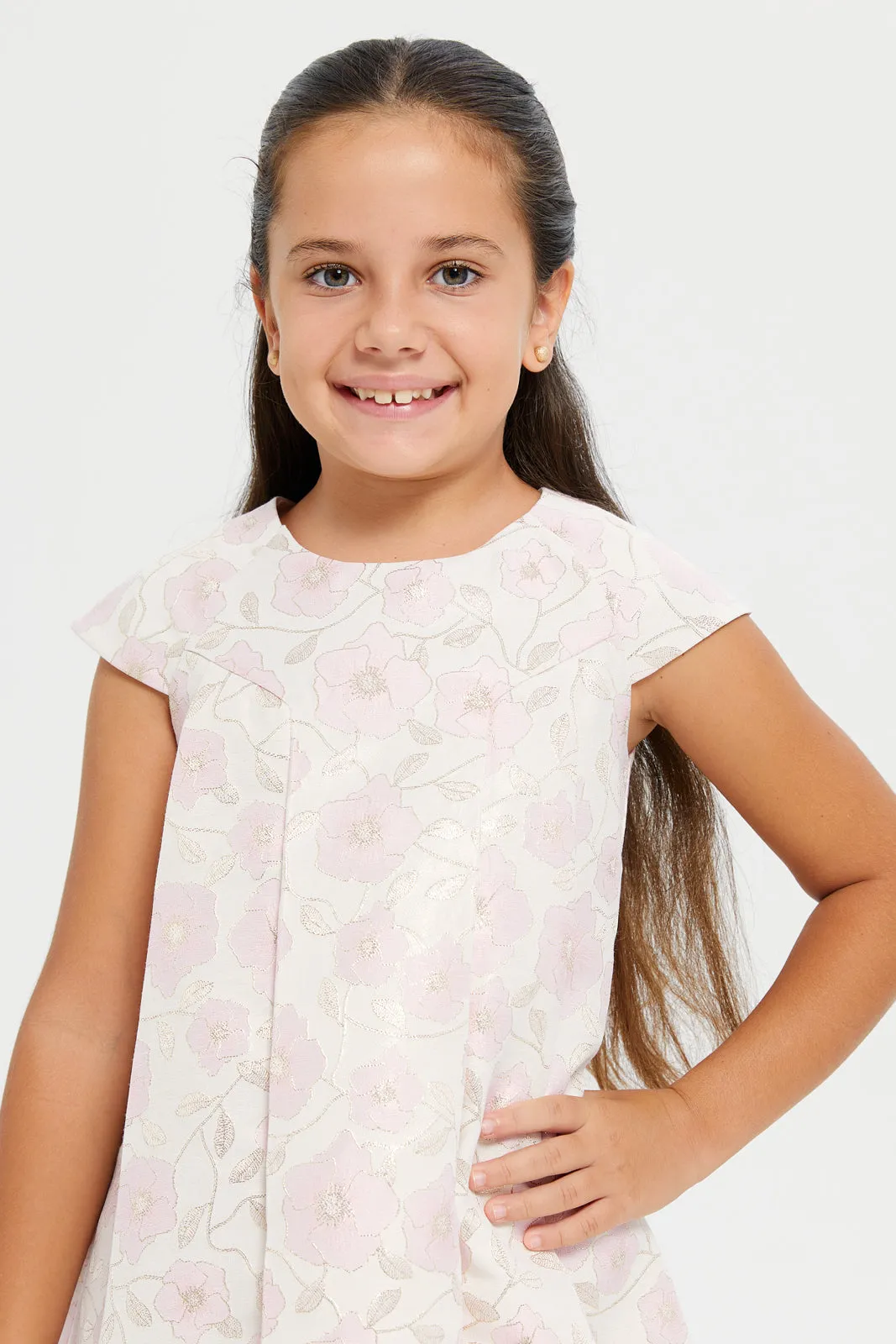 Girls Gold Floral Jacquard A Line Dress