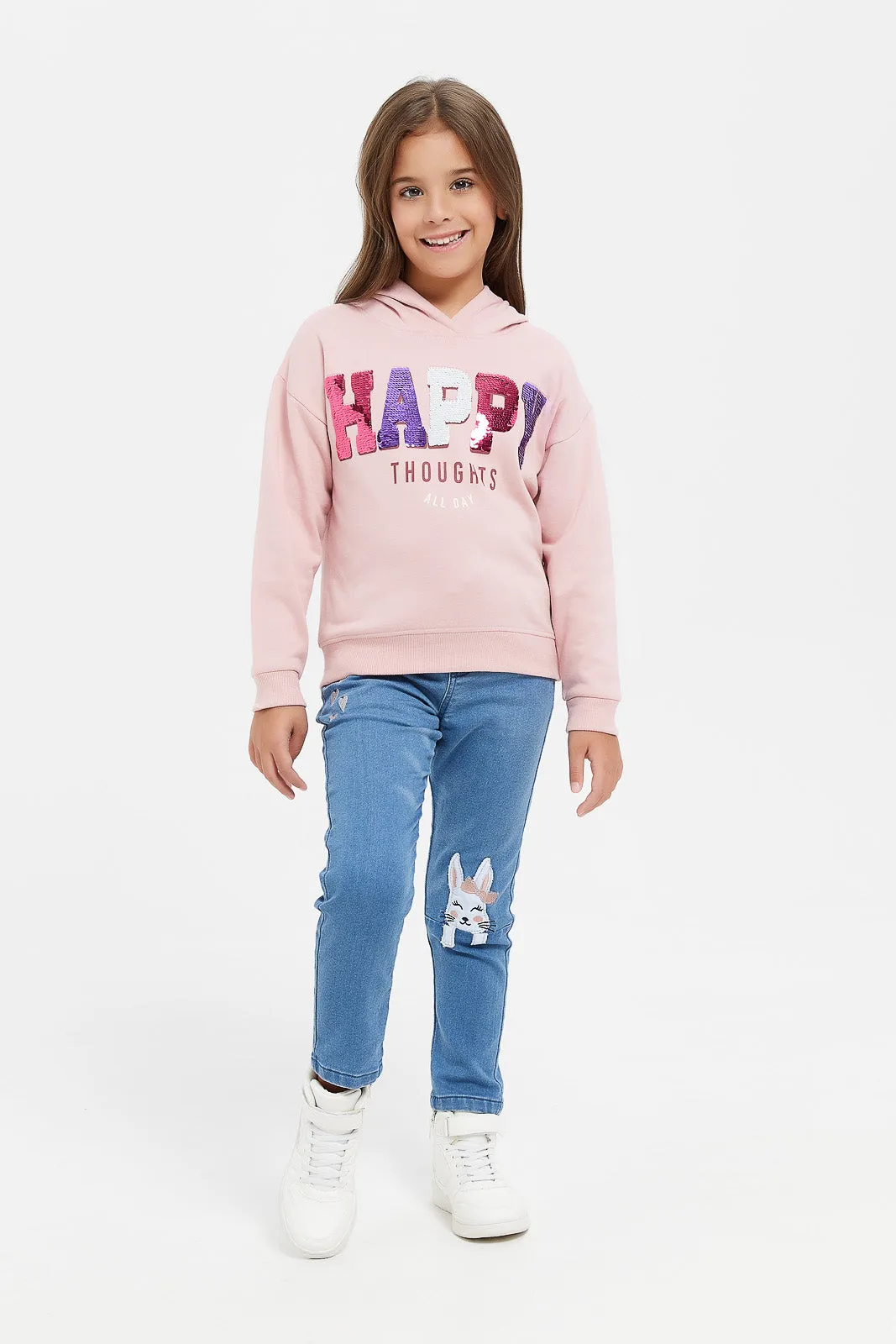 Girls Pink Embellished Hooded Sweatshirt