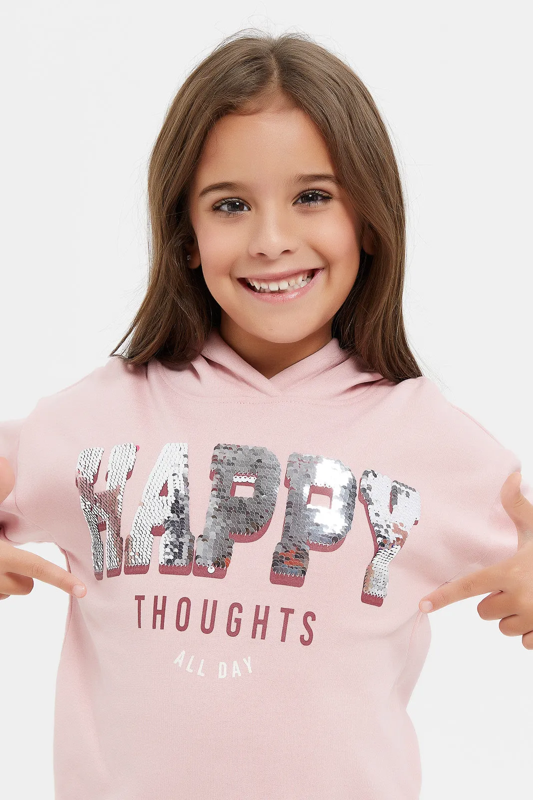 Girls Pink Embellished Hooded Sweatshirt