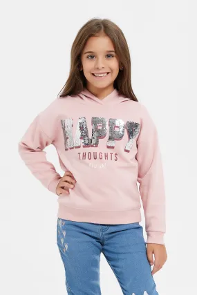 Girls Pink Embellished Hooded Sweatshirt