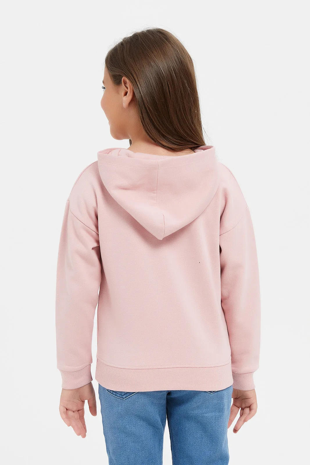 Girls Pink Embellished Hooded Sweatshirt