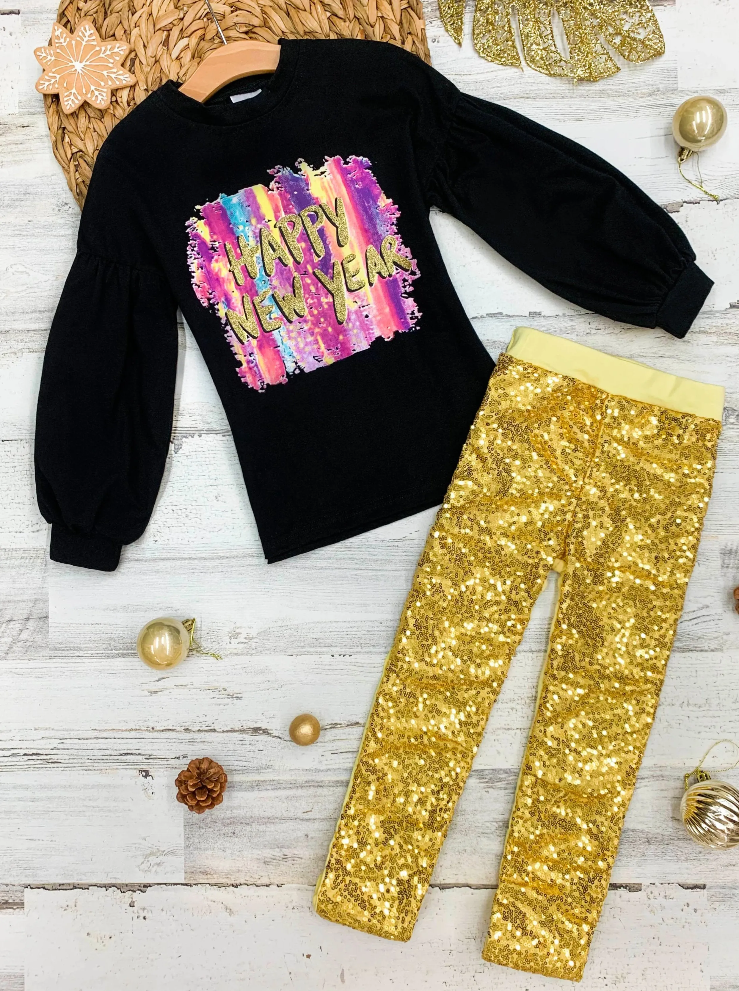 Girls "Happy New Year" Long Sleeve Top & Sequin Leggings Set