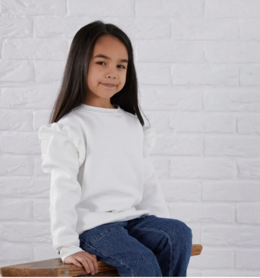 Girls White Sweatshirt with Frill Sleeve Detail