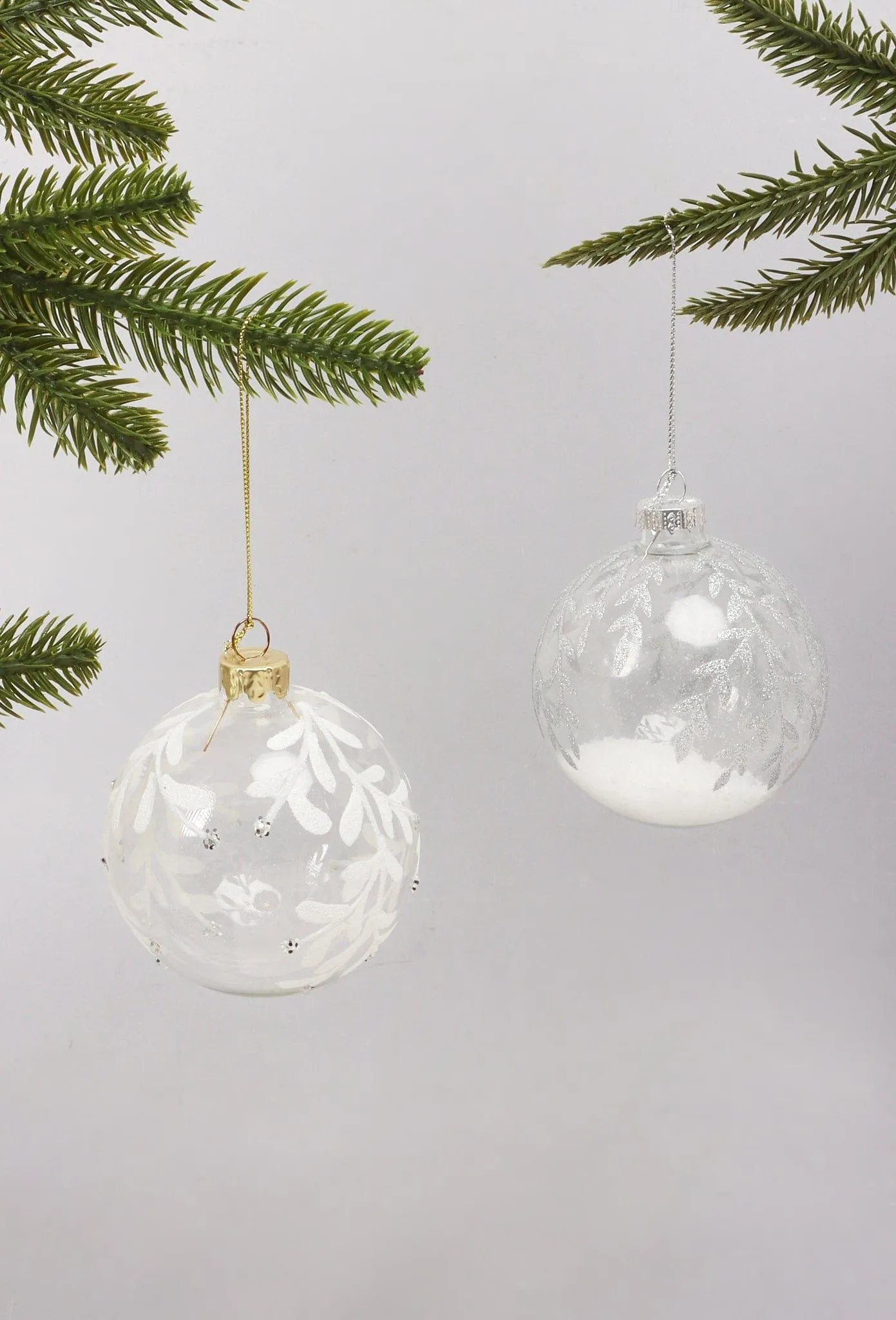 Glass Christmas Tree Baubles with Glittery Plant Designs