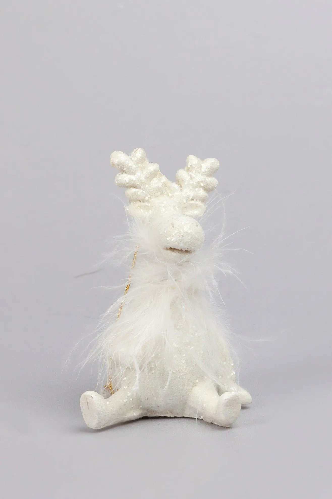 Glittery and Fluffy White Cartoon Reindeer Ornaments