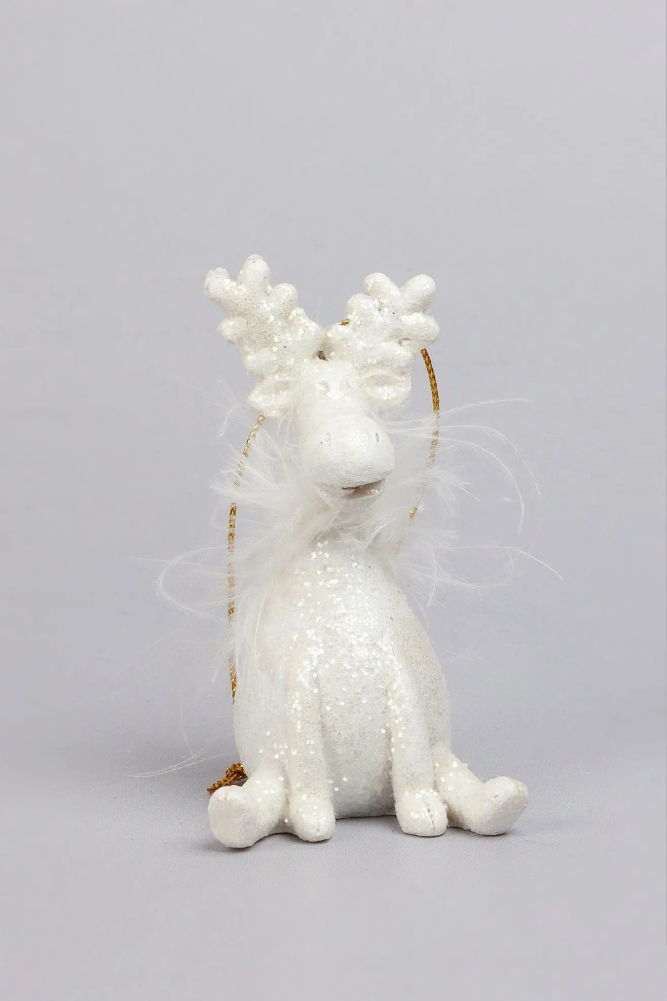 Glittery and Fluffy White Cartoon Reindeer Ornaments