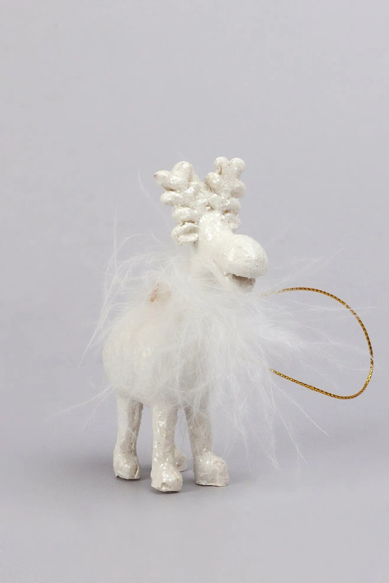 Glittery and Fluffy White Cartoon Reindeer Ornaments