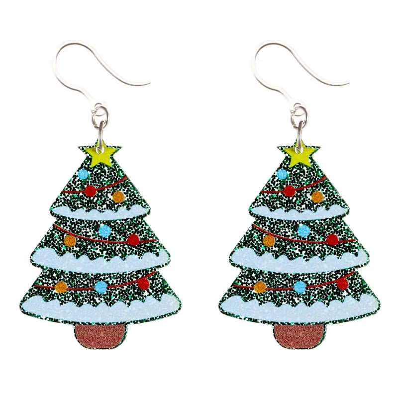 Glittery Decorated Christmas Tree Dangles Hypoallergenic Earrings for Sensitive Ears Made with Plastic Posts