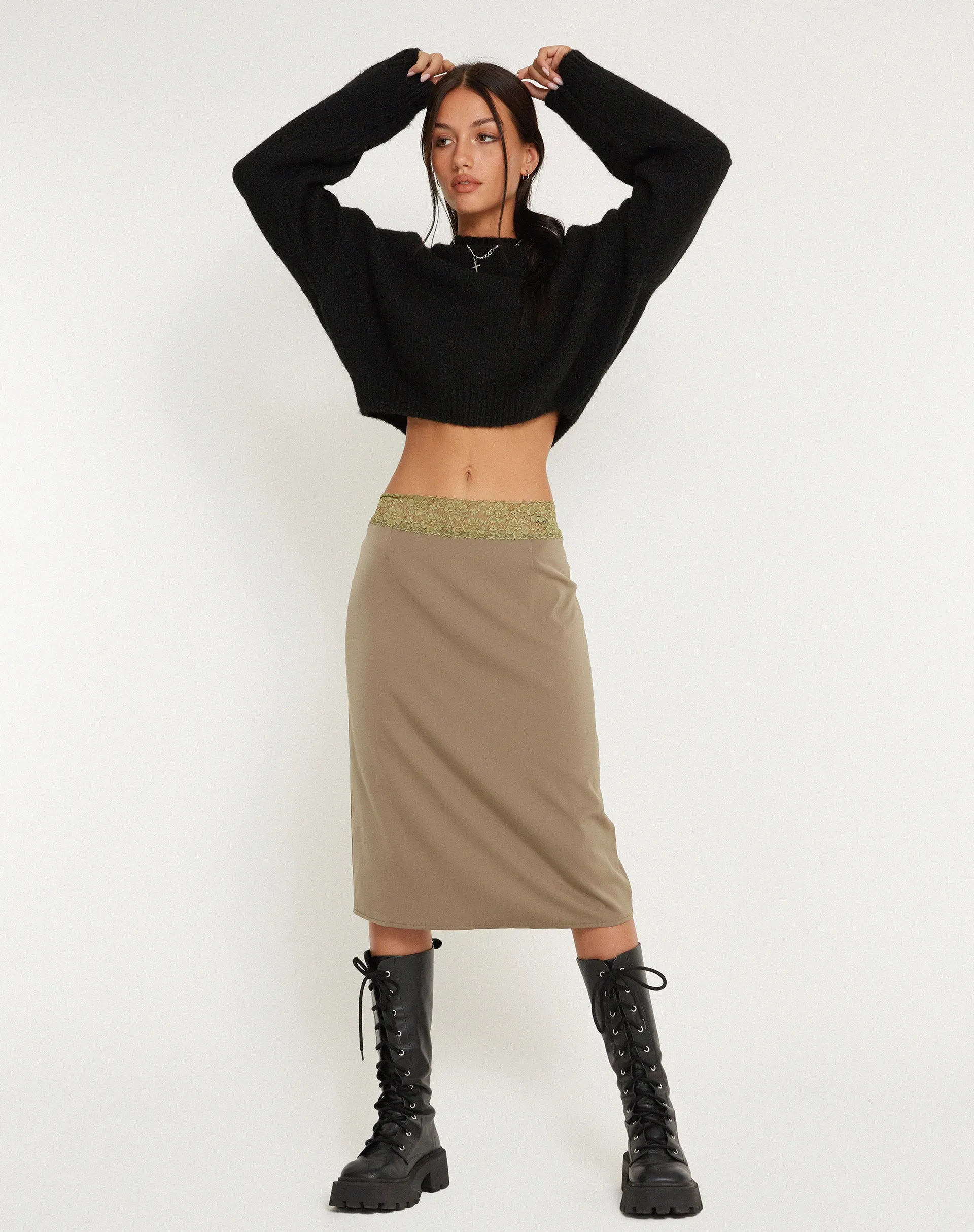 Golda Midi Skirt in Satin Avocado