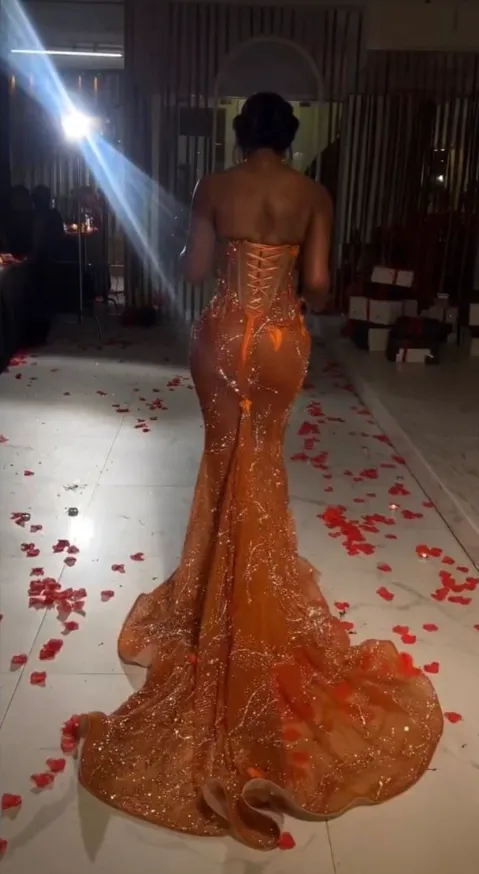 Gorgeous Orange Beaded Applique Mermaid Evening Dress Long Prom Dress        fg6981