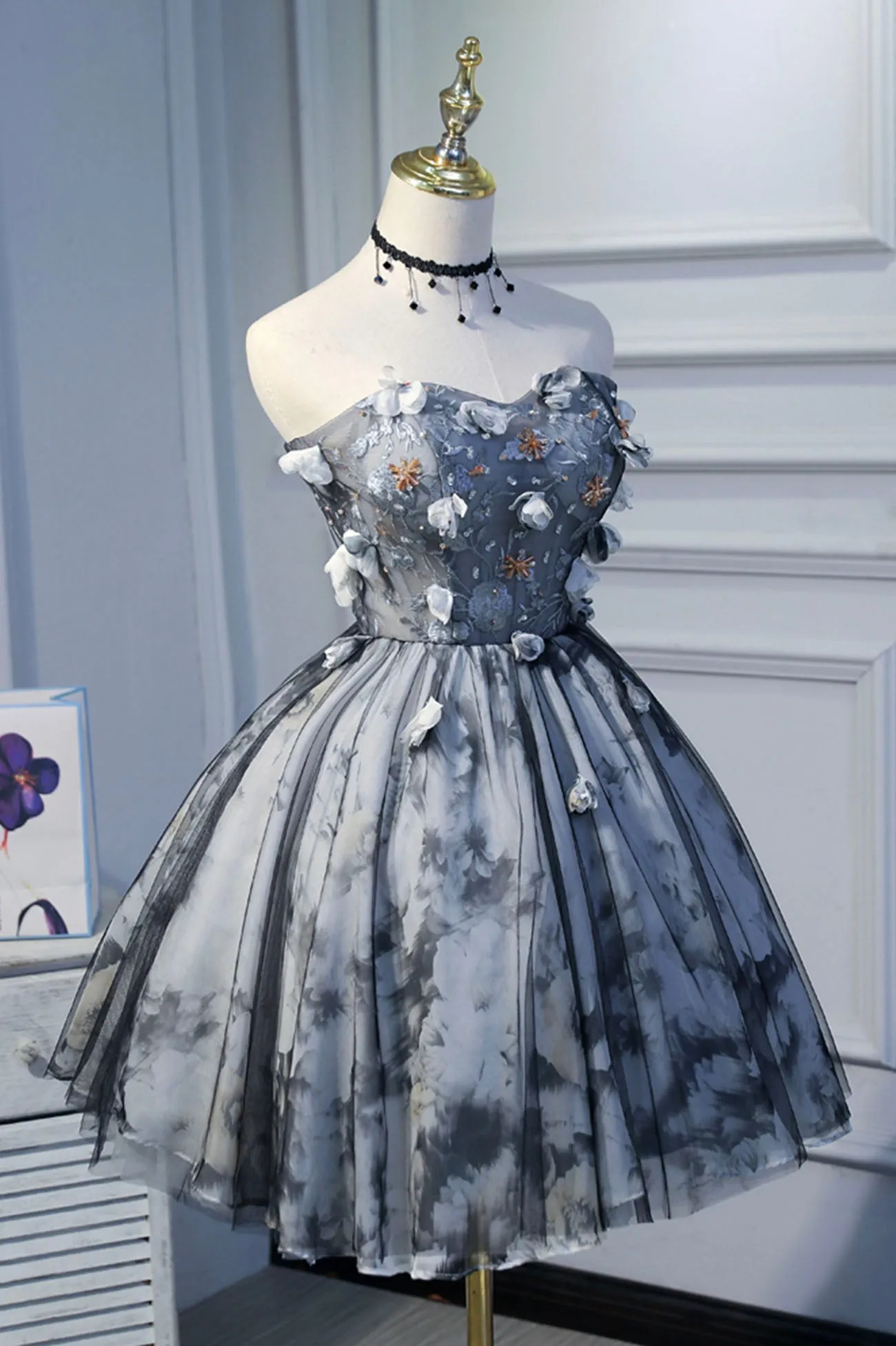 Gray Short Strapless Tulle Prom Dress, Cute A-Line Party Dress