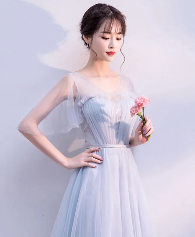 Gray V Neck Tulle Long Prom Dress, Gray Tulle Evening Dress