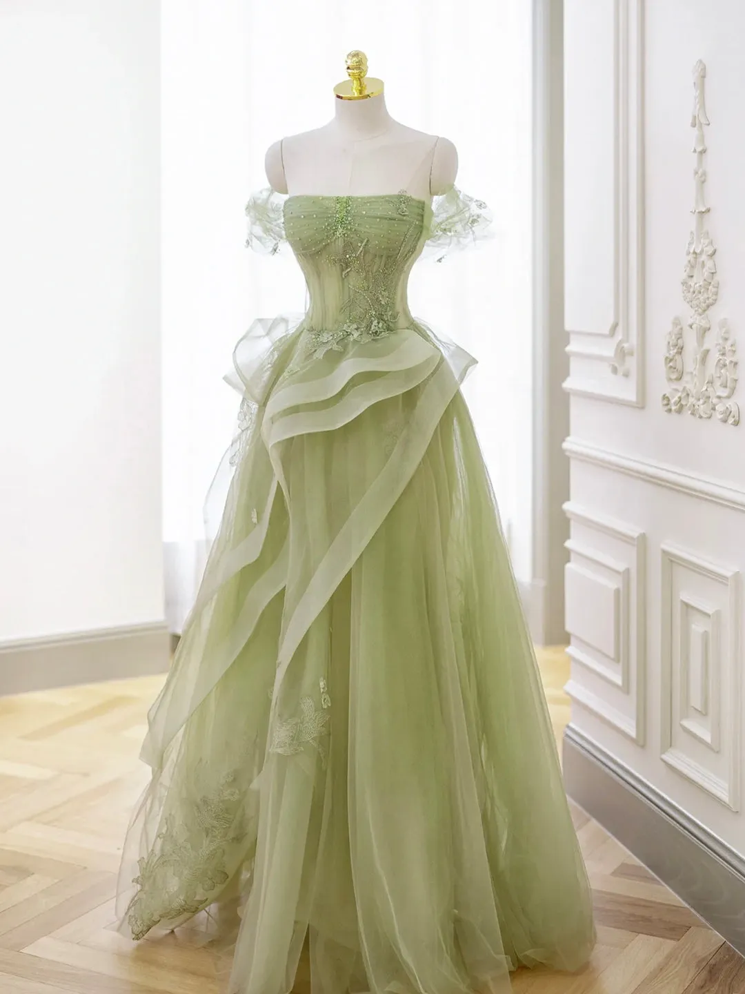 Green Tulle Long Floor Length Prom Dress, Beautiful A-Line Evening Party Dress with Lace