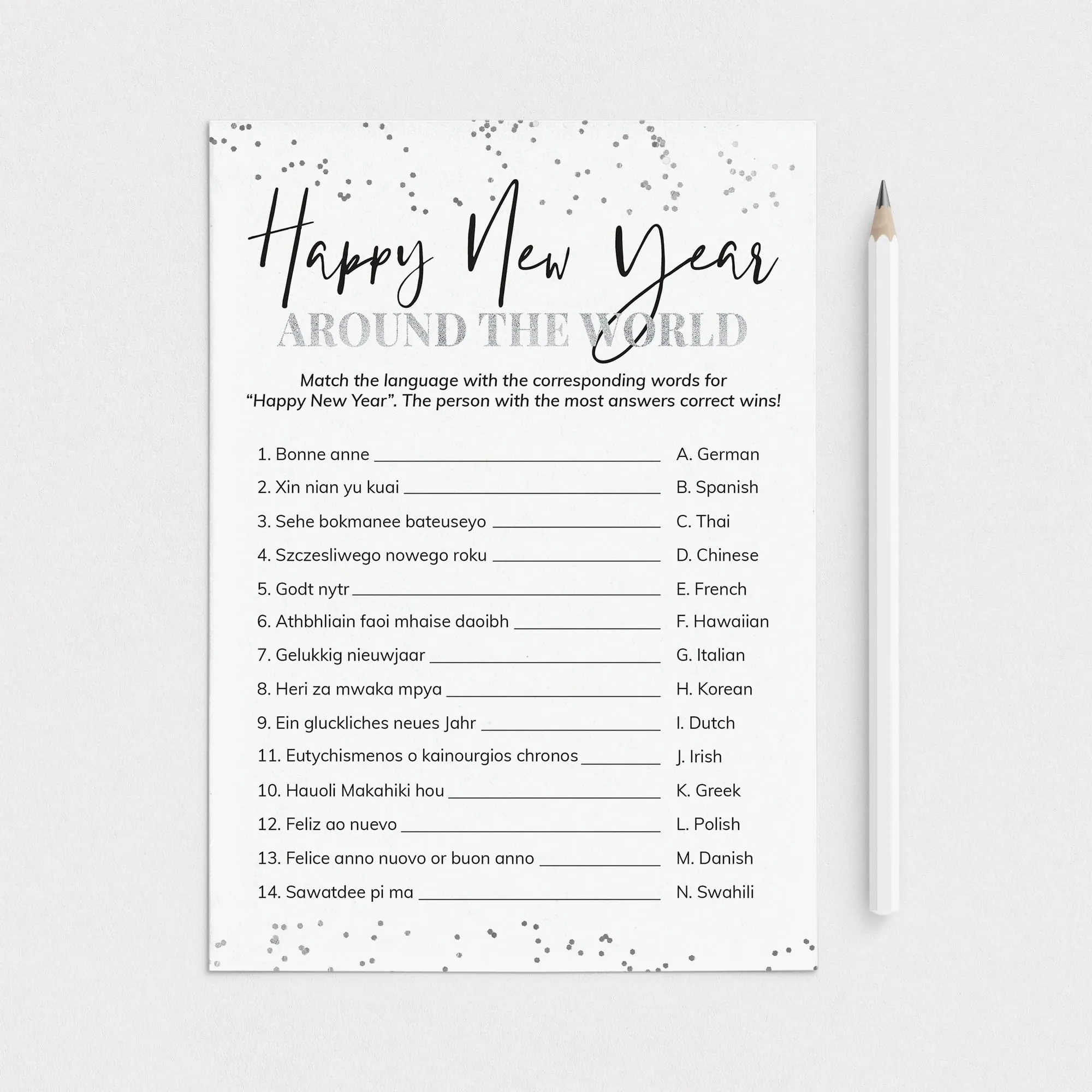 Happy New Year Language Game With Answer Key Printable