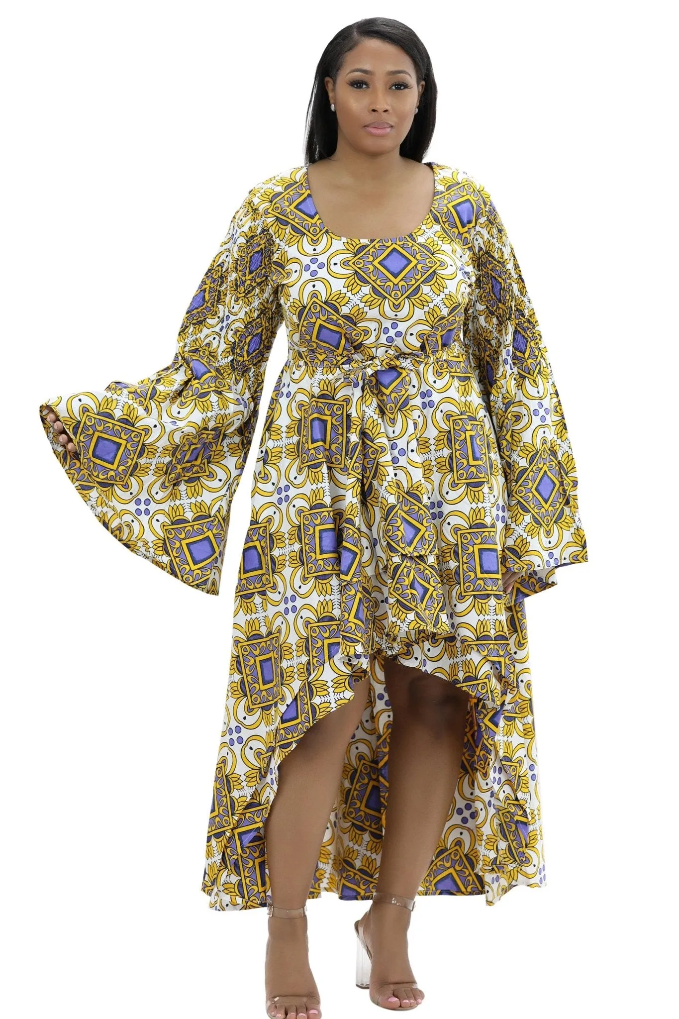 Hi-Lo Bell Sleeves African Print Dress 2215