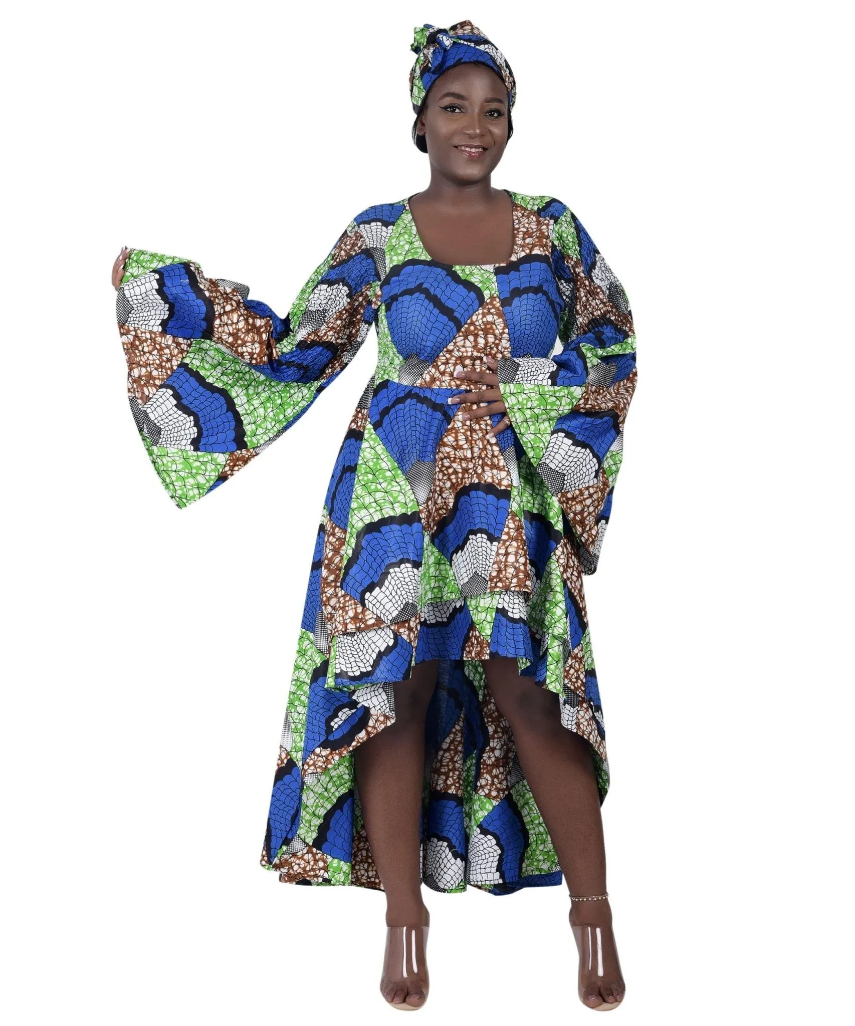 Hi-Lo Bell Sleeves African Print Dress 2215