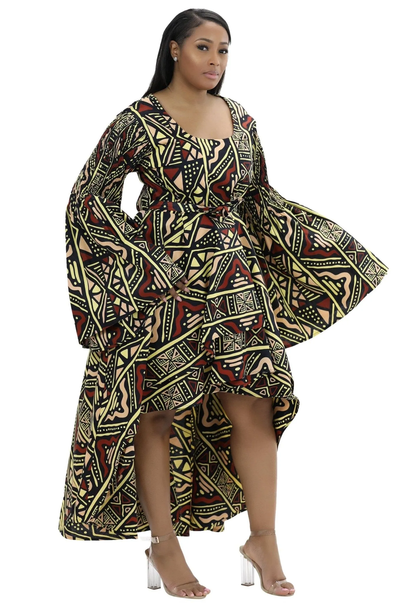 Hi-Lo Bell Sleeves African Print Dress 2215